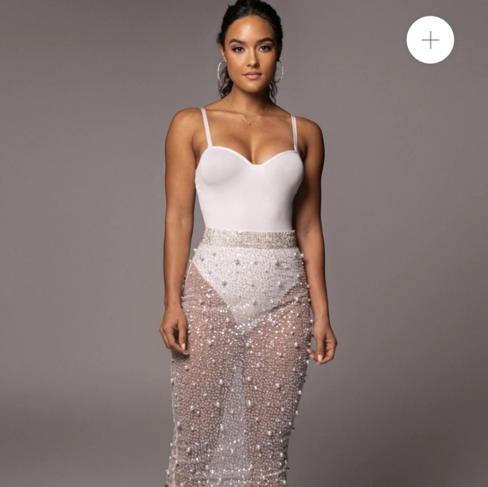 JLUX LABEL Beaded Midi Skirt with Rhinestone Waistband